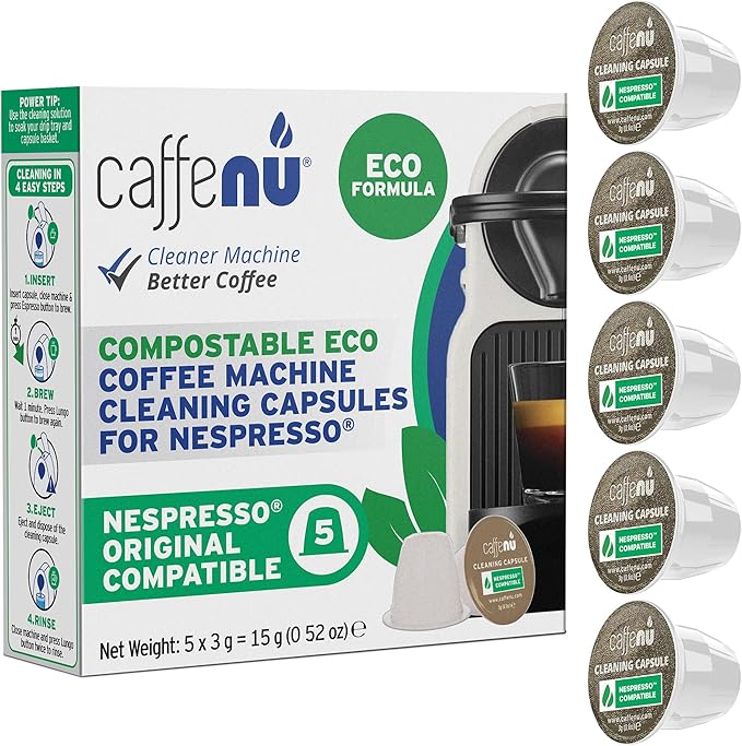 Nespresso Compatible Cleaning Pods. 5 Eco Cleaner Capsules. Improved Coffee Flavour. For Nespresso Originaline, Use with Descaling Kit.