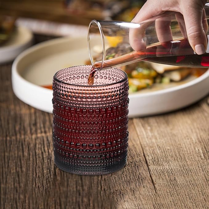 XKXKKE Hobnail Beaded Drinking Glasses Set of 6, 12 oz Vintage Glassware Set Romantic Water Glasses Tumbler, Water Cups, Clear Embossed Glassware Set for Beer, Juice, Cocktail, Soda, Beverages Purple