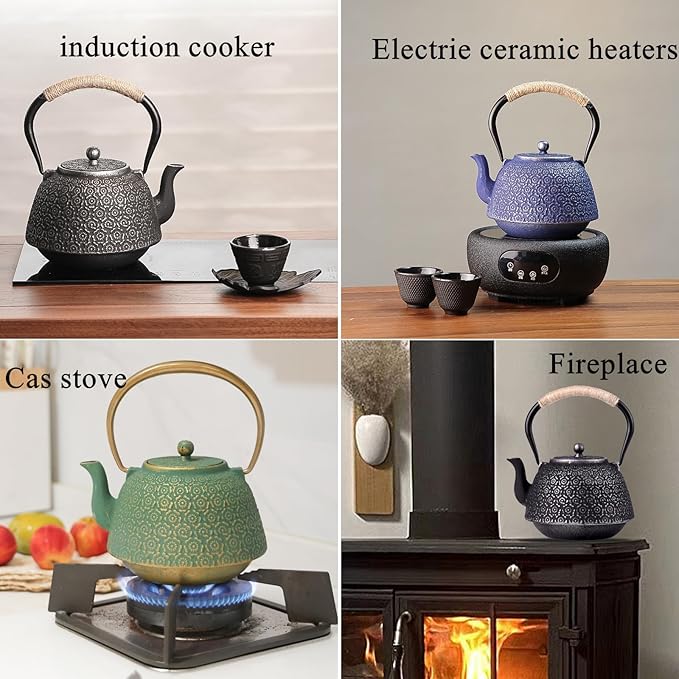 Cast Iron Tea Pot Japanese Tetsubin Tea Kettle with Stainless Steel Infuser,Tong and Iron Trivet Coated with Enamel Interior for Stovetop Safe 40 oz Blue cast iron teapot