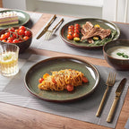 Stoneware Dinnerware Sets Service for 4, 12 pcs Reactive Glaze Plates and Bowls Sets, Handmade Ceramic Dish Set, Highly Chip and Crack Resistant Modern Plate Set, Brown Green