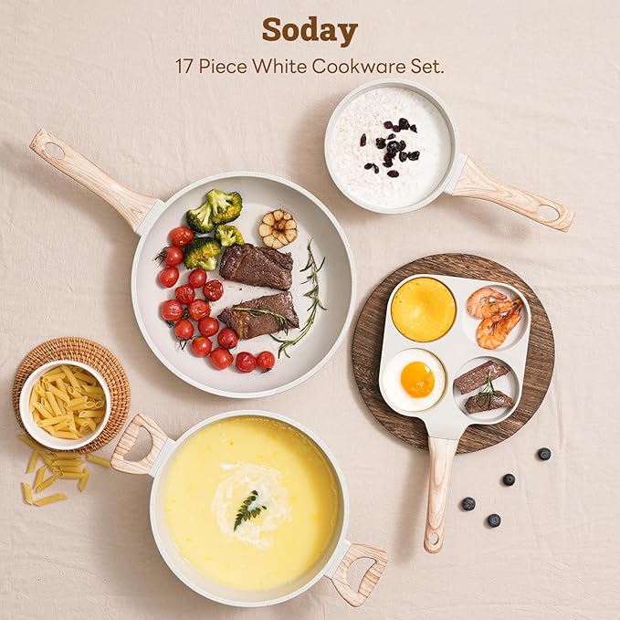 17 Pcs Pots and Pans Set Non stick，Cookware Sets White Granite Induction Cookware, Non-toxic Healthy Non Stick Kitchen Cooking Set with Frying Pans Set, Saucepans (PFAS, PFOA, PFOS Free) White