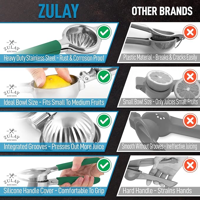 Zulay Lemon Squeezer Stainless Steel with Premium Heavy Duty Solid Metal Squeezer Bowl and Food Grade Silicone Handles - Large Manual Citrus Press Juicer and Lime Squeezer Stainless Steel (Green)