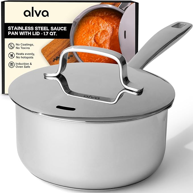 Alva Maestro 1.7QT Stainless Steel Saucepan with Lid – Non-Toxic Easy to Clean Pot, Oven Safe – Lasered Engrave Measurement, Induction Ready – Belgian-Designed for Effortless, Healthy Everyday Cooking