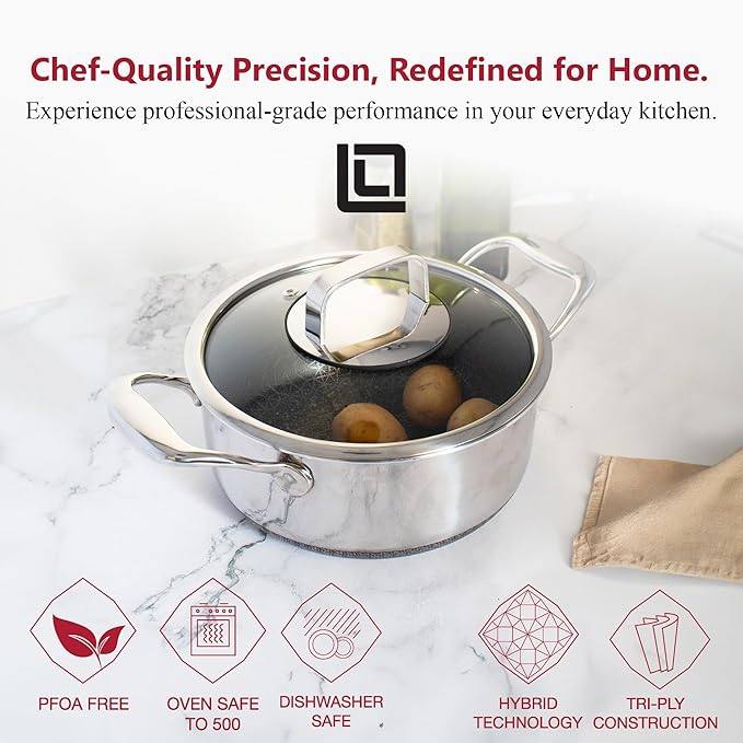 LIVWELL DiamondClad 3-Quart Hybrid Stockpot with Lid – Holiday & Christmas Home and Kitchen Gift – Stainless Steel Cookware Pot – Stockpot with Lid – Dishwasher Safe & PFOA-Free