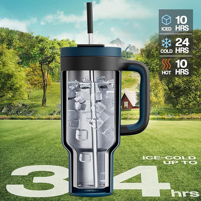 40 oz Tumbler with Handle, 2-in-1 Straw and Sip Lid, Leakproof, Dishwasher Safe, Insulated Stainless Steel Travel Coffee Mug, Keeps Cold for 34 Hours, Fits in Car Cup Holder (Deepsea)