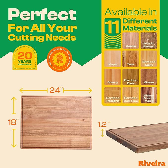 Riveira Acacia Wood Cutting Board – Gourmet Acacia Grandeur: 24 x 18 Wooden Cutting Board – Natural Wooden Cutting Boards For Kitchen Decorative – Innovative Juice Grooves Acacia Wooden Chopping Board