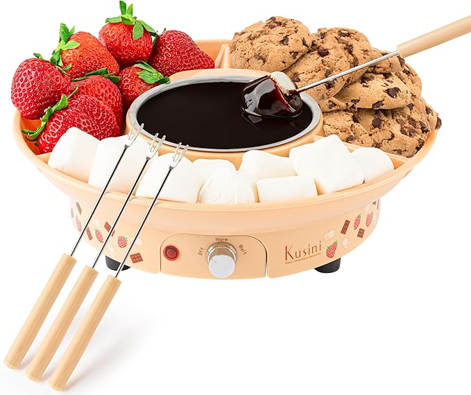 Kusini Fondue Pot Electric Set – 10-oz Chocolate Fondue kit - Temperature Control, Detachable Serving Tray, 4 Forks – Hostess Gift Ideas, Unique Housewarming Gift Set – Birthday Party Ideas