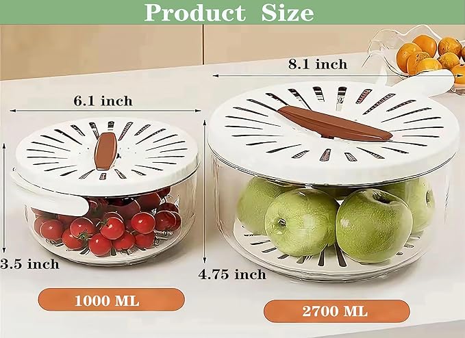 2 Pcs MultiPurpose Fruit Strainer Drain Basket with Lid & Collapsible Handle,2.85QT+1QT 2 in 1 Draining and Preservation Basket, Fruit Cleaner Bowl for Fridge Freshness and Outdoor Picnics