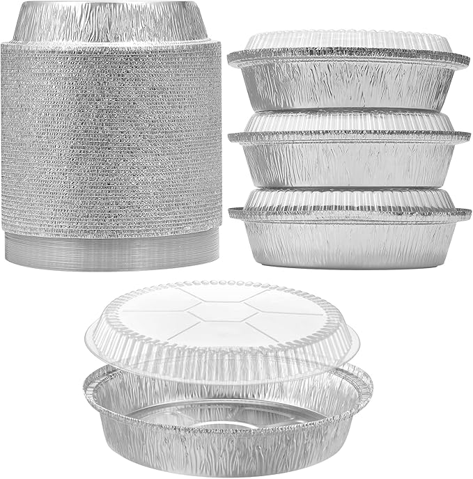 9" Aluminum Foil Pans with Clear Lids 50 Pack,Heavy Duty Disposable Containers for Roasting,Storing,Baking,Cooking, Deep Dish Pie Pans, Recyclable