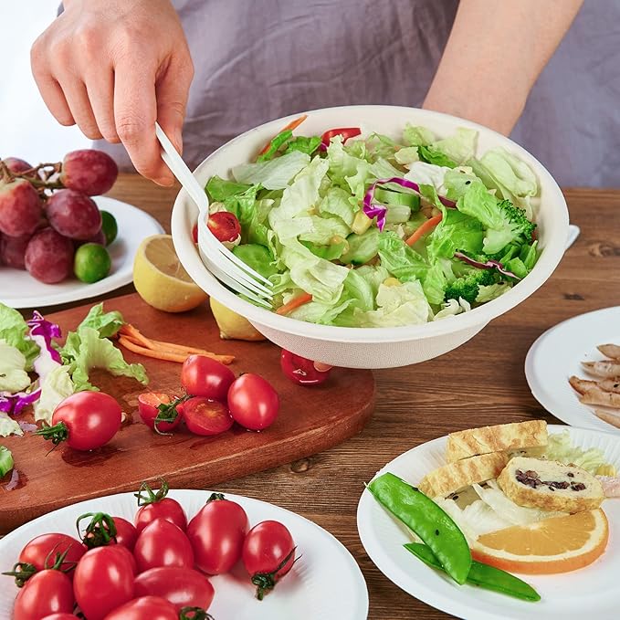 ECOLipak 32 OZ Large Compostable Disposable Paper Bowls, 70 Pack Biodegradable Bagasse Eco-Friendly Sugarcane Soup Bowls for Salad Wheat Flakes(Nature)