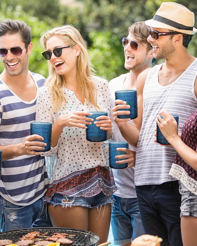 YOUBET 24PCS Plastic Drinking Glasses - 14OZ Blue Hobnail Drinkware Glasses - Vintage Glassware Textured Beaded Cups for Water, Beer, Whiskey, Juice and Various Mixed Drinks