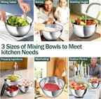 Mixing Bowls with Airtight Lids, Stainless Steel Mixing Bowl Set with 3 Metal Nesting Bowls, Colander & Grater, Non-Slip Bottoms, Size 1.5, 2.5, 5 QT, Great for Mixing & Serving, Black