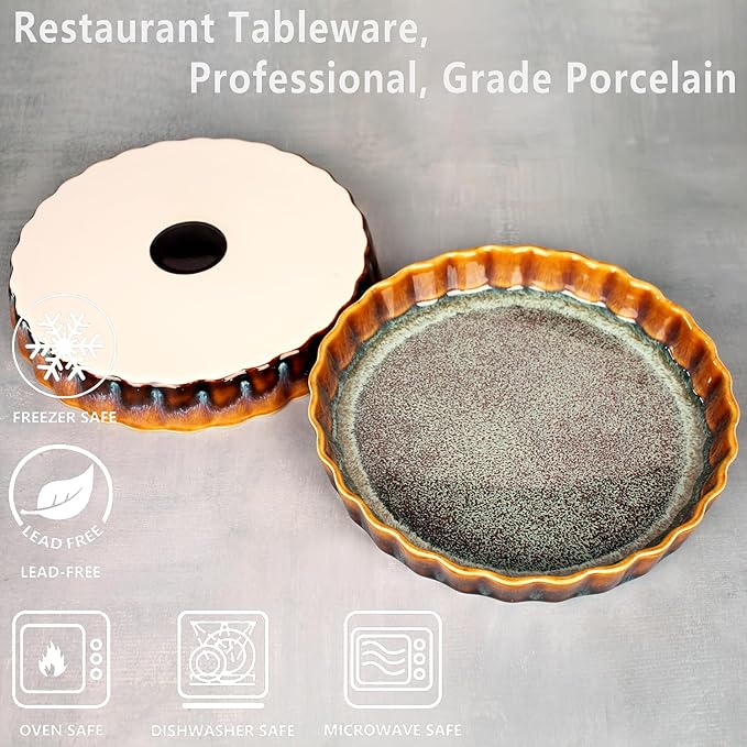 11.6 Inch Large Quiche Tart Pans Pan, 1.4 Qt Ceramic Au gratin pans, Fluted Ruffled Edge for Quiche Baking Dish/Pie Pan - Microwave Freezer Dishwasher Oven safe - Great Gift for Bakers