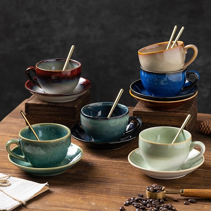 Porcelain Coffee Cup with Saucer Spoon, Vintage Design Ceramic Latte Art Cappuccino Barista Espresso Tea Cup with Saucer (11.6 oz, 350ml, White Both Green)