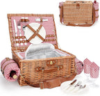 Picnic Basket for 2, Picnic Baskets with Waterproof Blanket, Picnic Hamper Set with Washable Beach Mat & Large Insulated Cooler Compartment, Handmade Natural Wicker Hamper for Camping, Outdoor Party