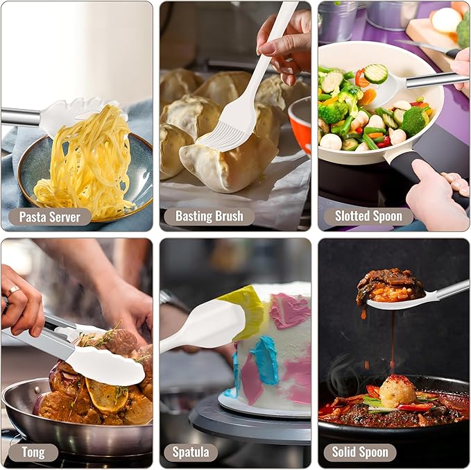 E-far 14 Pieces Silicone Cooking Utensils Set, Kitchen Utensils Set with Holder, Spatula, Ladle, Spoon, Slotted Turner for Nonstick Cookware, 446°F Heat Resistant & Stainless Steel Handle, Cream White