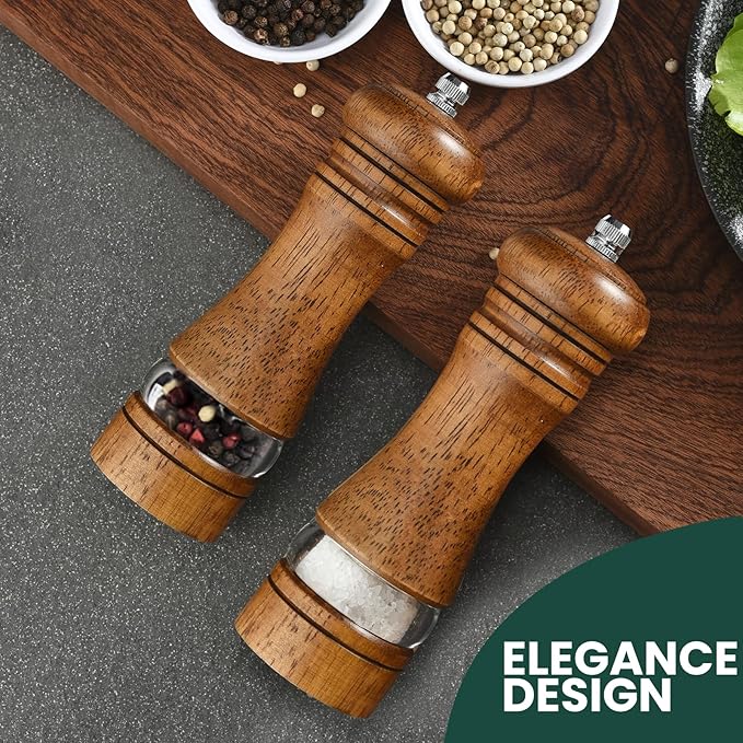 2-Piece Salt and Pepper Grinder Set, 6.5 Inch Wooden Salt and Pepper Mills with Adjustable Coarseness, Refillable Manual Pepper Mill Grinder for Home Cooks (Brown)