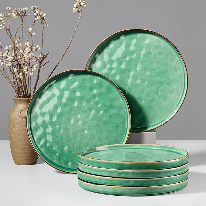 HaWare Stoneware Dinner Plates Set of 6, 10" Heavy Duty Ceramic Plate, Reactive Glaze Ripple Dinnerware for Home Restaurant, Chip and Scratch Resistant, Microwave and Dishwasher Safe, Reactive Green