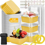 100 Pack Mini Cake Pans with Lids and Spoons, 5oz Square Aluminum Foil Loaf Pans Gold Small Cake Tins Disposable Baking Pans Dessert Cupcake Cups with Ribbon Decals for Wedding Birthday Party Picnics