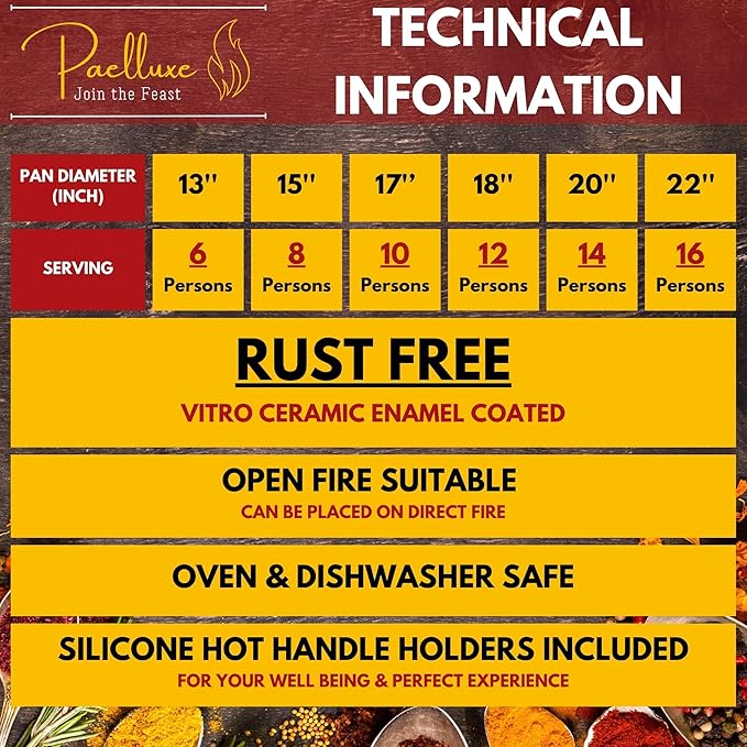 Paella Pan – Enamelled, No-Rust Steel Skillet – Easy-to-Clean Pan for Propane & Gas Burners – Indoor & Outdoor Cooking Cacerola Paellera Sarten – 22 Inch, for 16 Servings