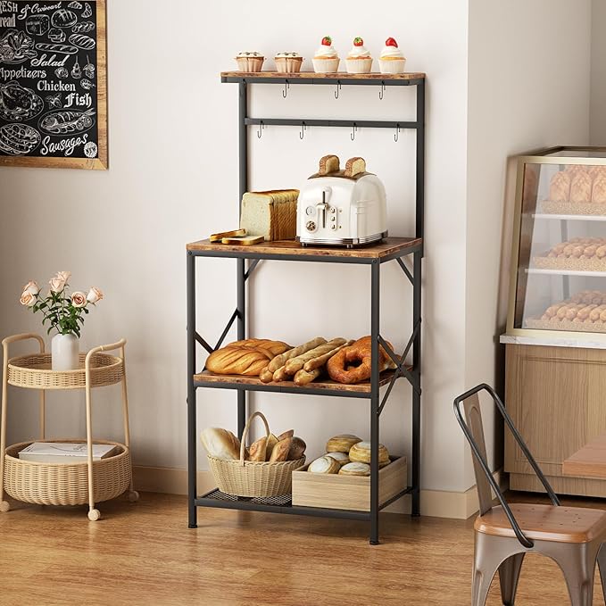 Kitchen Bakers Rack with Storage Shelves, Small Coffee Bar Cart with 8 Hooks, 4 Tiers Microwave Stand Station with Adjustable Shelves, Freestanding Kitchen Appliance Organizer, Rustic Brown