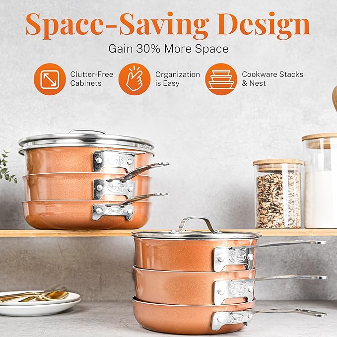 GOTHAM STEEL 10 Pc Copper Pots and Pans Set Non Stick Cookware Sets with Kitchen Utensils, Induction Ready, Non Toxic PFOA PFOS Free, Nesting Design for 50% Space Saving, Oven and Dishwasher Safe