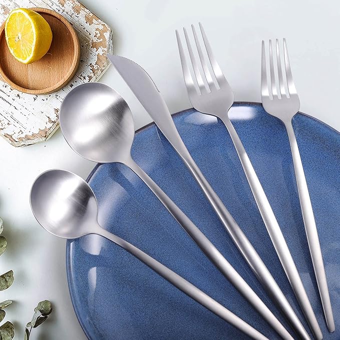 MIKIWAY 60-Piece Silverware Set for 12, Stainless Steel Flatware, Matte Cutlery Tableware, Kitchen Utensils Include Spoons and Forks, Satin Polished, Dishwasher Safe