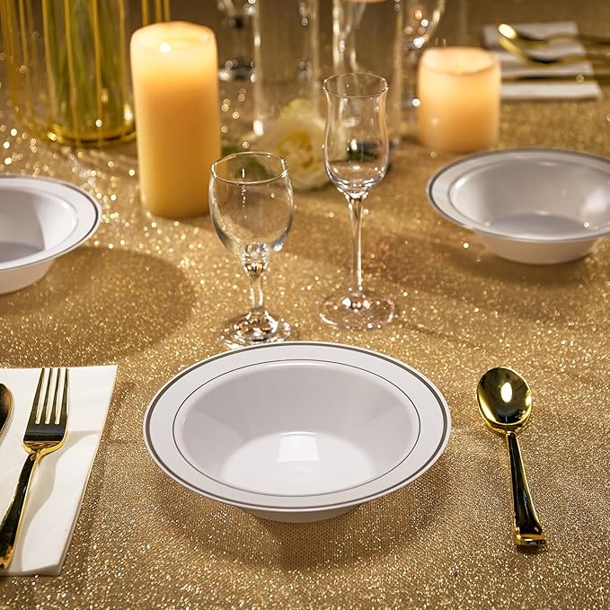 JOLLY PARTY 100PCS Plastic Bowls with Silver Rim-12oz Disposable Soup Bowls, Christmas Thanksgiving Premium Heavy Duty Plastic Dessert Bowls for Wedding/Party, Silver