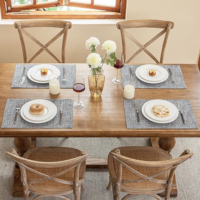 Blue Forest Placemats Set of 6, Dual-Layered Thickened Faux Linen Cloth Place Mats Heat Resistant Machine Washable Wrinkle Free Table Mats Indoor/Outdoor (Light Grey)