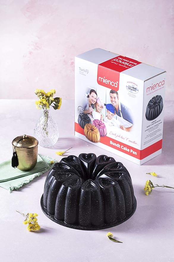 Heart Shape Aluminum Cake Pan, Titanium Coating, Non-Stick, 12 Cups, Heavy Duty, Gifts for Mom, Molded Cake Pan, 10 Inch Baking Mold, Cast Aluminum Fluted Tube Pan, Easy to Clean (Black)