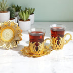 Alisveristime (Set of 2 Turkish Tea Set with Zamac Holders, Glass Cups, and Saucers – Ahsen Ottoman Design, 100ml Capacity, Available in Gold or Silver Color (Gold)
