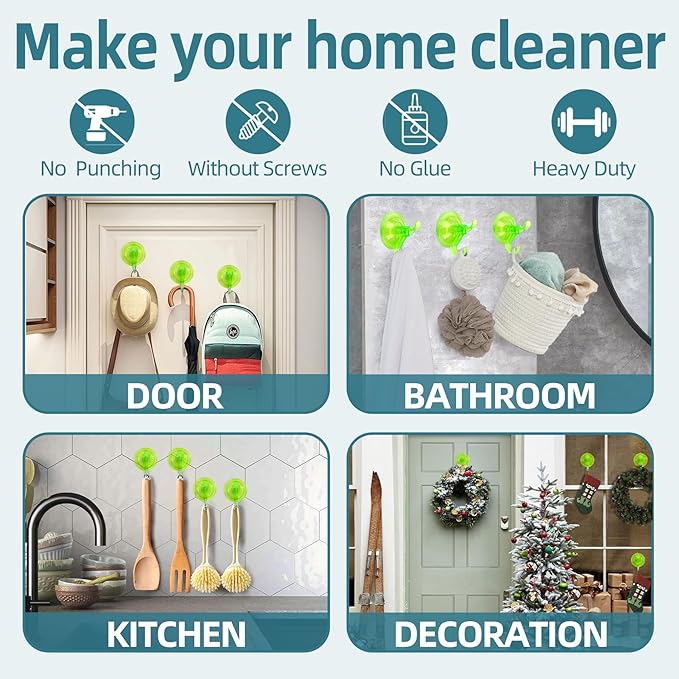 Clear Suction Cup Hanger, 5 Pack Removable Small Suction Cups for Shower, Bathroom, Glass, Door, Windows, Kitchen - Up to 11 lbs on Smooth Surface - 2 Hooks Design (Transparent Green)