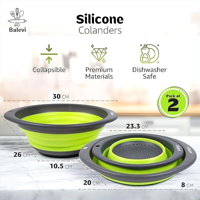 "Balevi Collapsible Strainers for Kitchen - Collapsible Colander Set of 2 Made of Silicone - Collapsible Strainer with Little Pegs to Keep Food Elevated - Green"