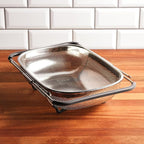 Rachael Ray Tools and Gadgets Over-The-Sink Colander/Strainer for Pasta, Fruits, Veggies, Expandable Silicone Grips, Dishwasher Safe, 4.5 Quart, Stainless Steel with Gray Handles