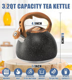 Whistling Tea Kettle Stovetop, Tea Pots for Stove Top Food Grade Stainless Steel with Wood Pattern Handle, 3.2Quart (Black)
