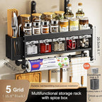 Hanging Wall Mount knife Wall Mount,Condiment Cup, Space-Saving Knife Rack with Hooks, Kitchen Organizer Storage Shelf for Utensils Spatula Spoon, Kitchen Utensil Hanger (Black, 40cm+5Cups+8Hooks)