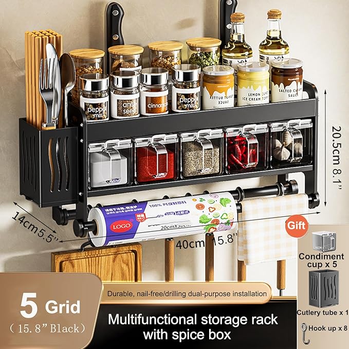 Hanging Wall Mount knife Wall Mount,Condiment Cup, Space-Saving Knife Rack with Hooks, Kitchen Organizer Storage Shelf for Utensils Spatula Spoon, Kitchen Utensil Hanger (Black, 40cm+5Cups+8Hooks)