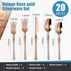 Lemeya 20-Piece Rose Gold Silverware Set for 4,Modern 18/10 Stainless Steel Flatware Set,Unique Rustic Cutlery Utensils Set,Spoon and Fork Set for Home, Restaurant,Mirror Polished,Dishwasher Safe