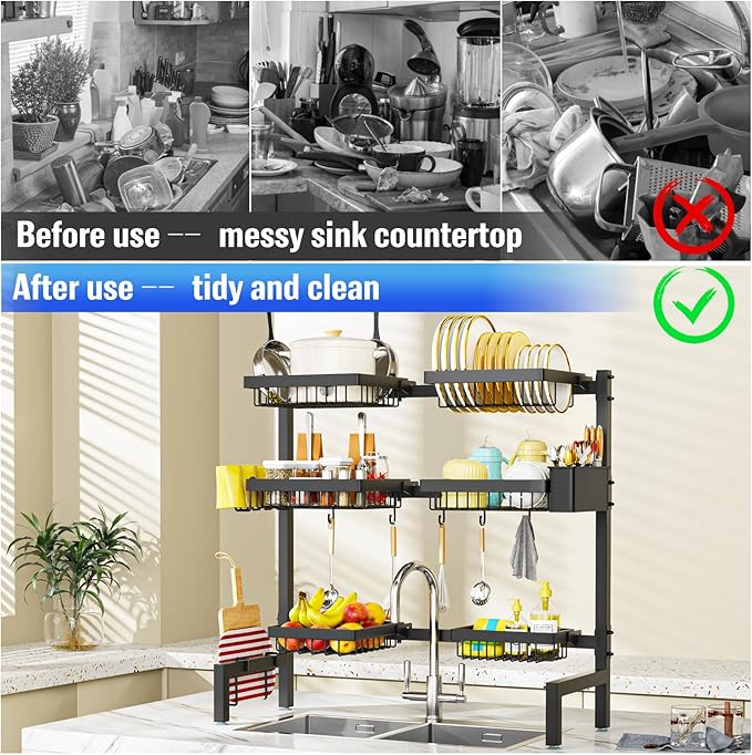 SNSLXH 3 Tiers 6 Baskets Dish Drying Rack, 24.8"-35.4",Over Sink Dish Drying Rack, 3-Tier Large Sink Rack for Kitchen, Extensible and Adjustable, Saving Kitchen Space