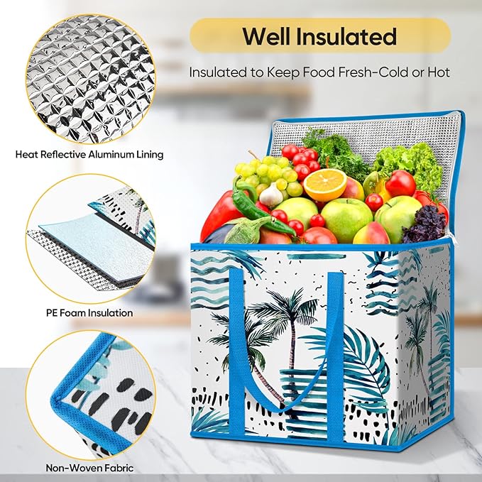 BALEINE 2Pk Insulated Reusable Grocery Bags, Collapsible Cooler Bag for Groceries, Heavy Duty Large Insulated Bag (Island Breeze)
