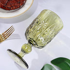 Joeyan Green Vintage Glass Wine Goblet,10 oz Embossed Stemmed Wine Glasses with Floral Design,Colored Drinking Glasses for Christmas Party Wedding Table Decor,Set of 4,Dishwasher Safe