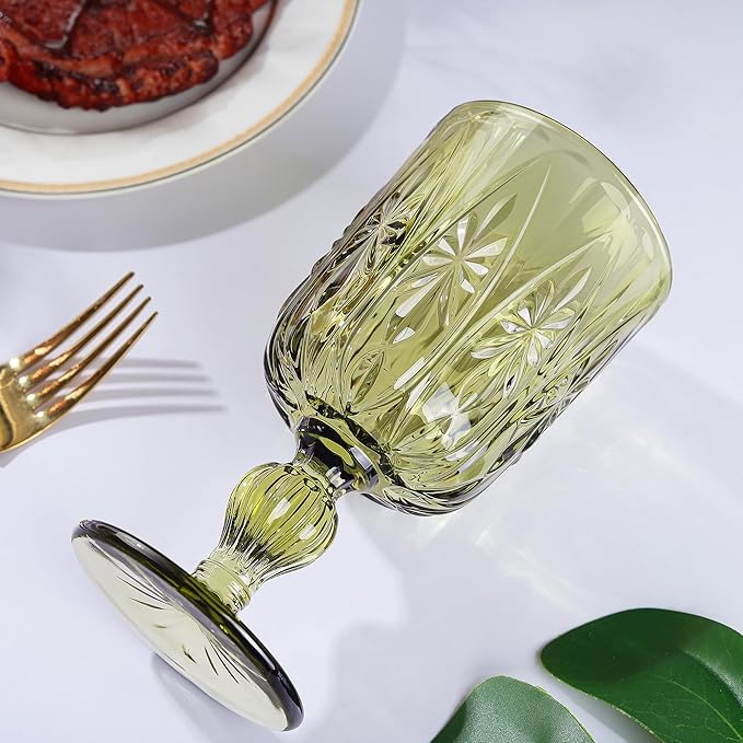 Joeyan Green Vintage Glass Wine Goblet,10 oz Embossed Stemmed Wine Glasses with Floral Design,Colored Drinking Glasses for Christmas Party Wedding Table Decor,Set of 4,Dishwasher Safe
