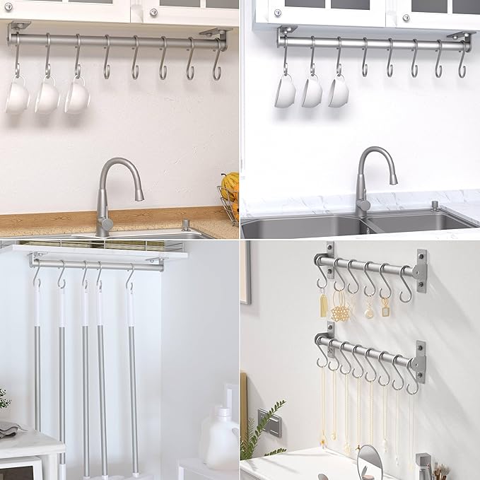 Dseap Kitchen Utensil Holder Hanger, Pot and Pan Rack Wall Mounted, Kitchen Rail with 8 Hooks for Hanging Cooking Utensils, Mugs, Spoons, Wall Mounted, Silver