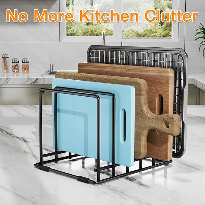 Baking Sheet Organizer Rack – 5-Slot Bakeware & Cookie Tray Holder for Kitchen Cabinet or Countertop, Compact Stainless Steel Cutting Board Rack with Rust-Resistant Frame & Anti-Slip Feet