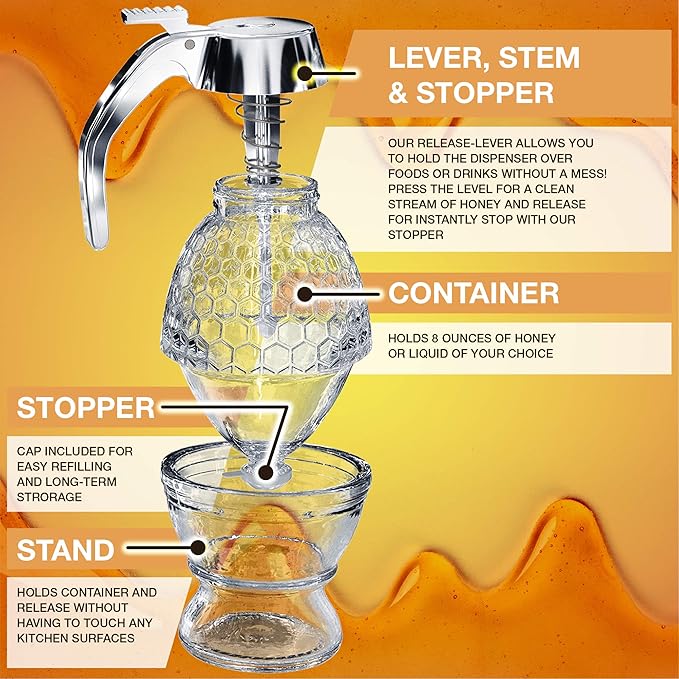 Honey Dispenser – No Drip Glass with Stand – Honey Jar – Clear Glass Honey Container with Dipper 8 Oz – Maple Syrup Dispenser – Honey Pot with Stand – Honey Bottle with Flip Top Lid