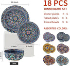 Hasense 18 Pieces Kitchen Dinnerware Sets Service for 6, Bohemian Style Plates and Bowls Set, Ceramic Vintage Tableware Dishes Set, Scratch Resistant Microwave and Dishwasher Safe, Assorted Color