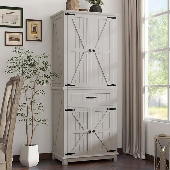 DWVO 72" Tall Farmhouse Pantry Cabinet, Kitchen Storage Pantry with Barn Doors & Drawer, Versatile Organizer with Adjustable Shelves, Rustic Cupboard for Dining Room, Living Room, White Oak
