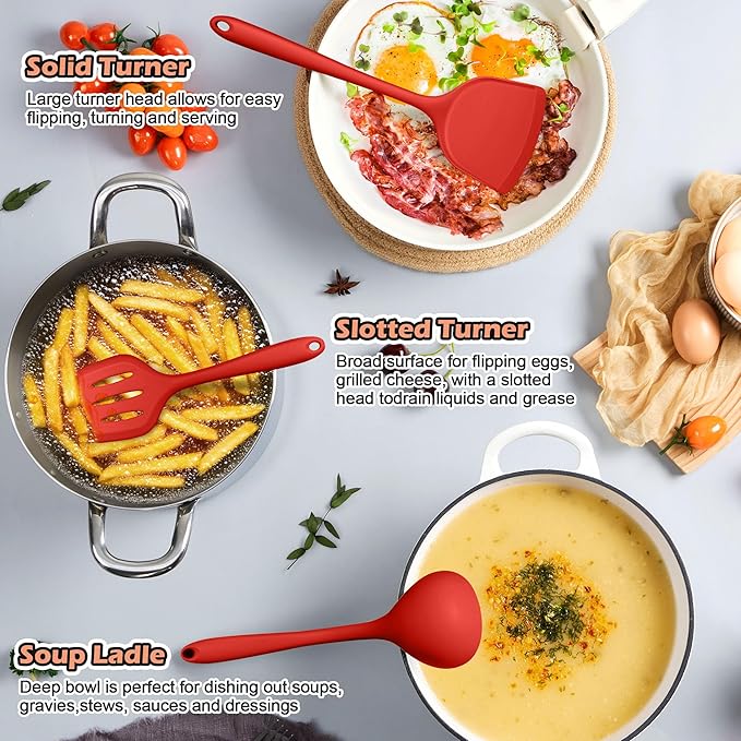 Kitchen Cooking Utensils Set with Holder, Homikit 15-Piece Silicone Spatula Set for Nonstick Cookware, 446°F Heat Resistant Spoon Turner Tong Whisk Brush for Cooking and Baking-Red