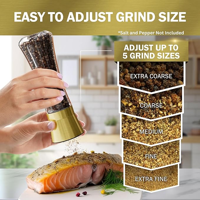 Home EC Original Gold Salt and Pepper Grinder Set of 2 - Adjustable Ceramic Grinder - Tall Glass Salt and Pepper Shakers With Funnel and Ebook - Kitchen Spice Mill - Gold Kitchen Accessories