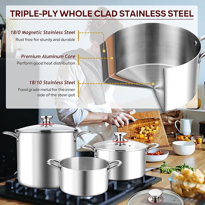 E-far 5 Quart Stock Pot with Lid, 18/10 Tri-ply Stainless Steel Stockpot for Induction Ceramic Gas Stoves, Heavy Duty Cooking Pot for Pasta Soup Stewing Simmering, Oven and Dishwasher Safe